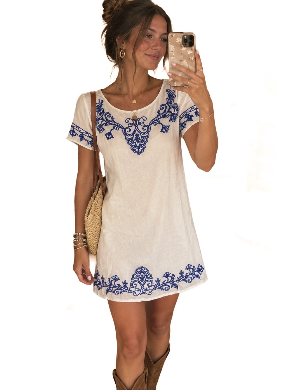 NWT Lulus Tale to Tell Blue Ivory Embroidered Shift Dress Medium